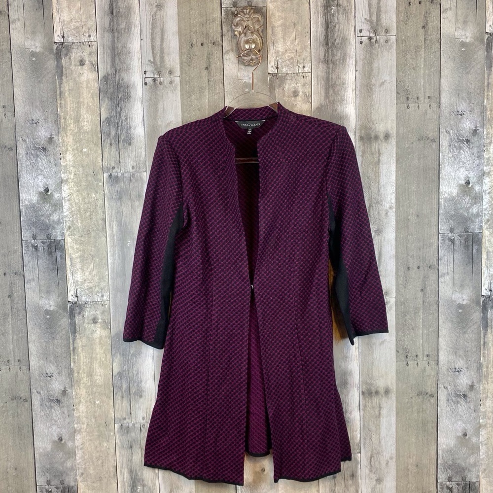 Ming Wang Knit Long Textured Knit Long Jacket in Purple Black Combo Size Small.